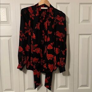 Gorgeous Tory Burch Black Blouse with Red Floral Tie-Neck